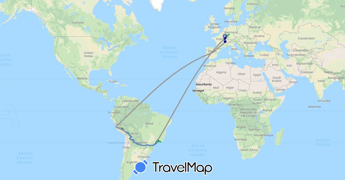TravelMap itinerary: driving, bus, plane, cycling, hiking, boat in Argentina, Bolivia, Brazil, Germany, Spain, France, Peru, Paraguay (Europe, South America)